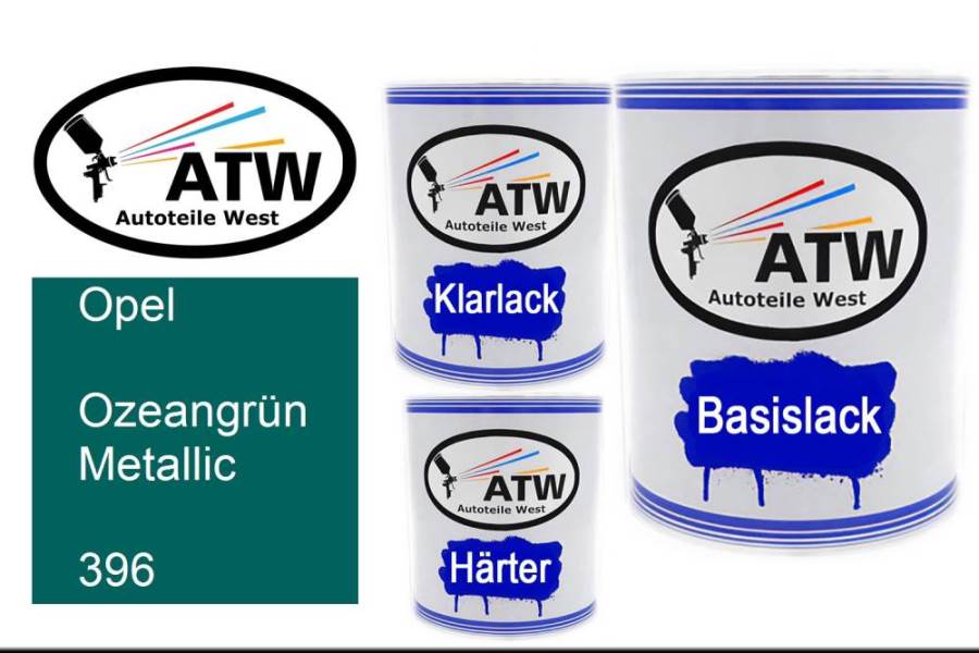 Opel, Ozeangrün Metallic, 396: 1L Lackdose + 1L Klarlack + 500ml Härter - Set, von ATW Autoteile West.